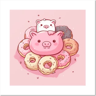 Kawaii Donut Pig Pink Design Posters and Art